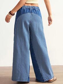 Bohemela 女士休闲宽松阔腿裤，条纹拼接设计 - 深色水洗藍 - 查看 7