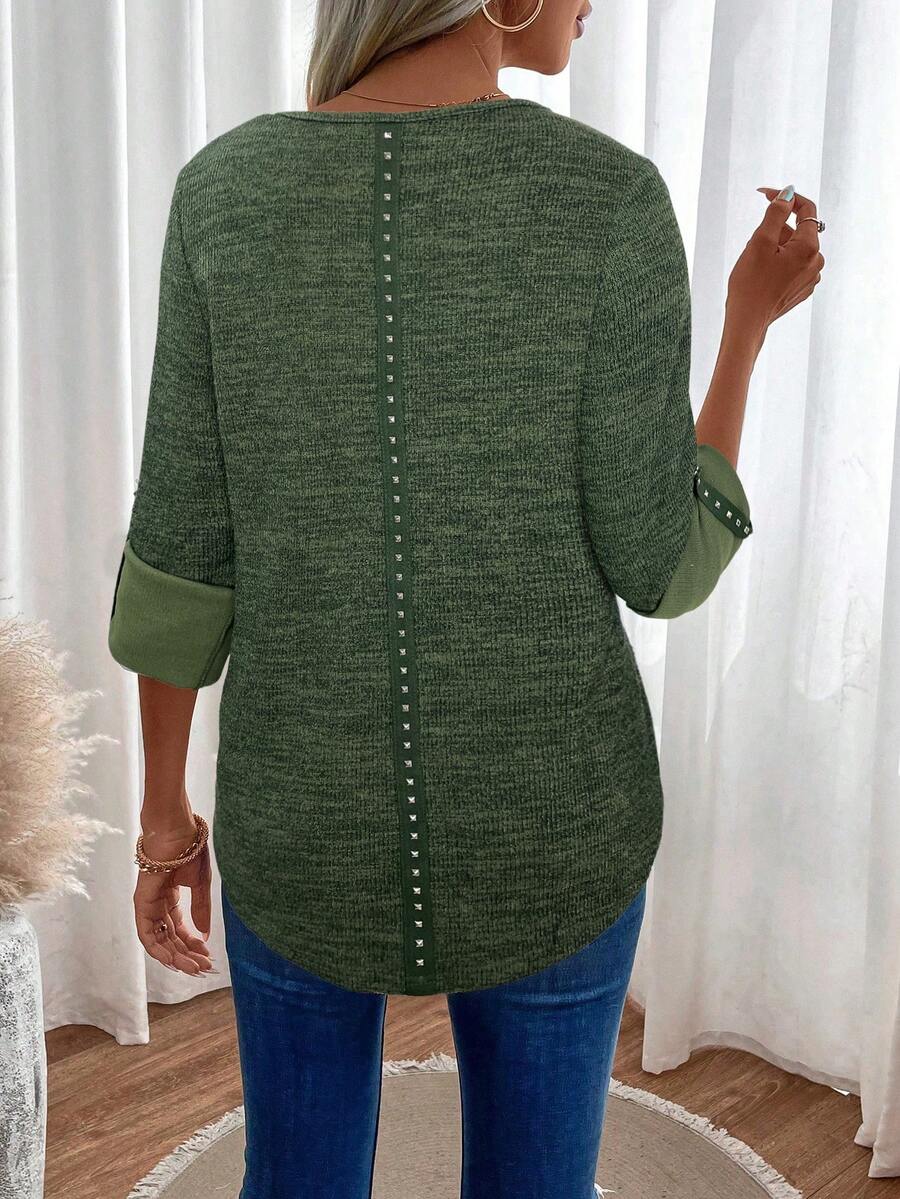 SHEIN LUNE 女士V领插肩袖绿色休闲舒适透气T恤 - 軍綠色 - 查看 1