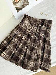 Comfortcana 大码复古格子褶皱 A 字裙 - 棕色 - 查看 3