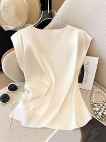 EMERY ROSE Áo sơ mi nữ cổ chữ V dây rút bên hông cỡ lớn - Màu be - Xem 2