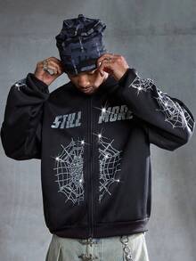 ROMWE MEN Street Life Men's Dropped Shoulder Casual Spider Web Zip-Up Hoodie Sweatshirt - Black - View 6