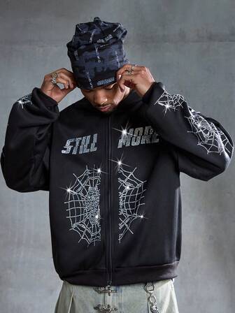 Street Life Sudadera con capucha casual con cremallera y diseño de telaraña de hombros caídos para hombre