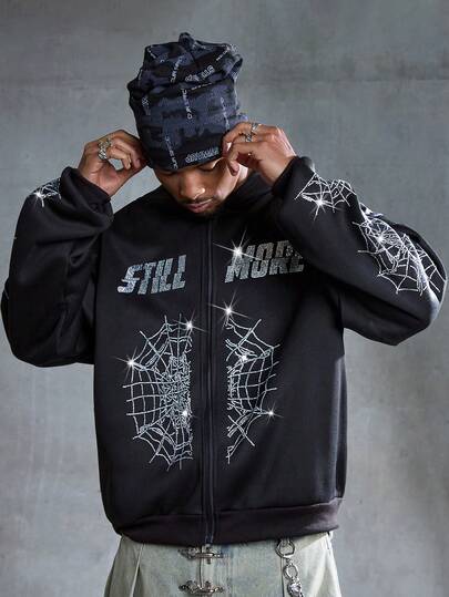 Street Life Felpa con cappuccio casual da uomo con chiusura lampo e motivo a ragnatela, spalle abbassate