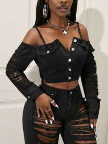 Slaydiva Women's Single-Breasted Distressed Long Sleeve Cropped Denim Jacket, Fashionable Versatile Vacation Party Off-Shoulder