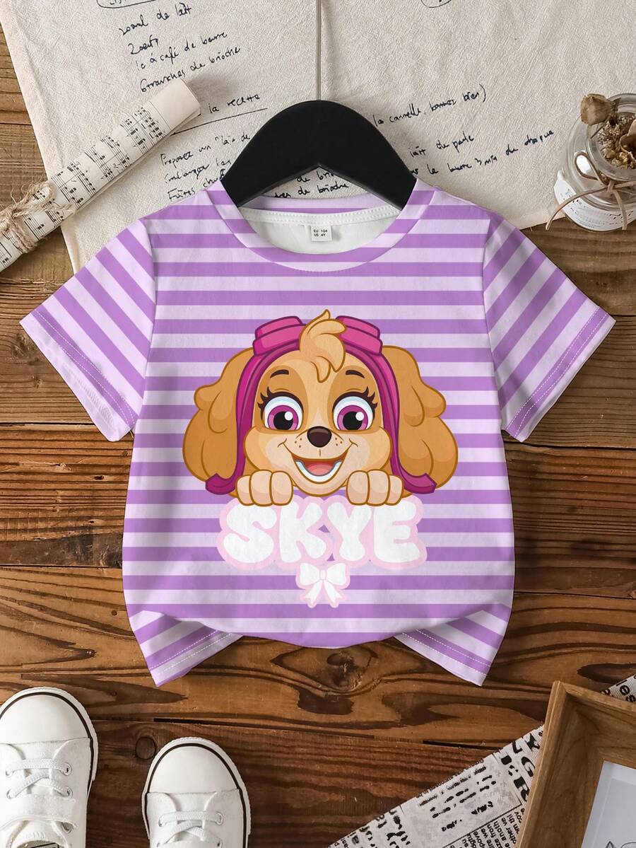 SHEIN | PAW Patrol Áo thun tay ngắn cổ tròn họa tiết sọc và hoạt hình cho bé gái - trắng - Xem 1