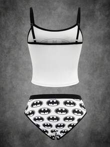 BATMAN X SHEIN Women's Comfortable Soft Contrast Trim Bat Print Cami Top And Panty Set