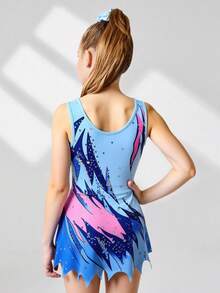 SHEIN Leotardos sin mangas con estampado para niñas preadolescentes, cómodos y amigables con la piel, diseño ajustado para evitar la exposición, ropa deportiva para gimnasia rítmica, unitardo para competencias de baile escolar, adecuado para todas las estaciones otoño e invierno - Azul - Ver 2