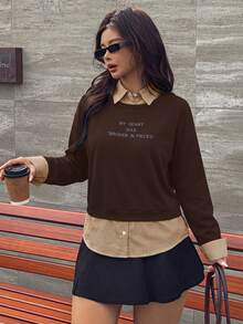 Rina Fox Áo nỉ dài tay tối giản thường ngày cỡ lớn - Cà phê nâu - Xem 5