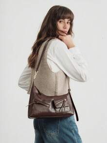 SHECARRY WOMEN'S SHOULDER BAG WOVEN PU LEATHER PHONE BAG - Coffee Brown - View 9