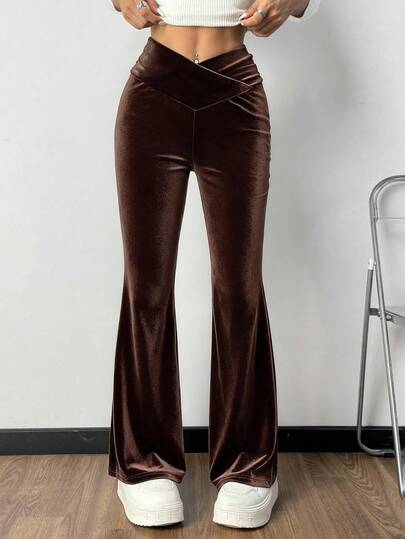 SHEIN EZwear Women's Mocha Brown Knit Velvet Casual Flared Pants Brown Pants For Women Velvet Pants Women Flared Pants For Women,Fall,Fall Clothes For Women,Winter Clothes For Women