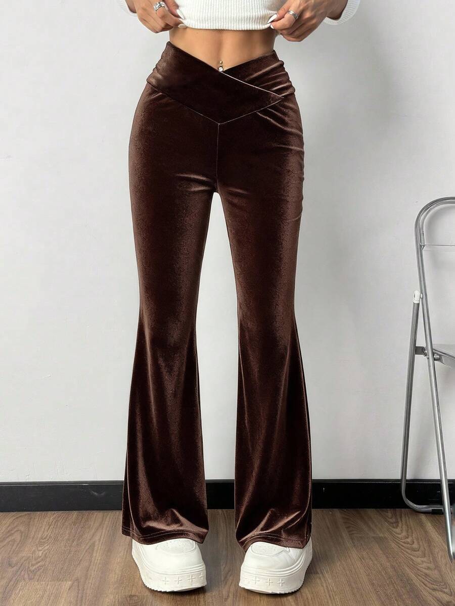 SHEIN EZwear 女款摩卡棕色針織天鵝絨休閒喇叭褲,適合秋季、冬季女裝 - 棕色 - 查看 1