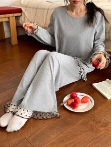 DAZY Bộ đồ ngủ ren lưới chấm bi dành cho nữ - Xám - Xem 3