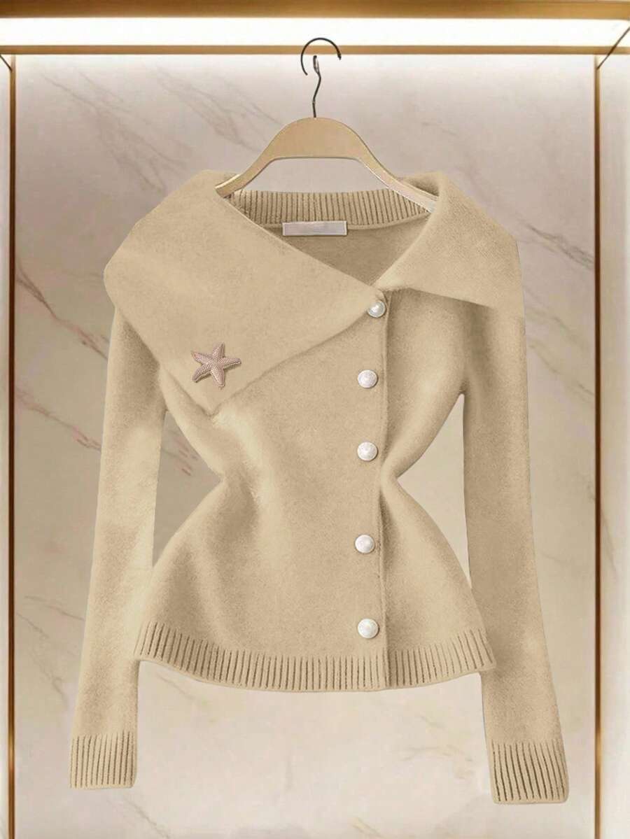 Franclia Elegant Metallic Starfish Button Cardigan With Oversized Collar, Waist Cinching Design, Flattering Fit - Inspired By European Fashion Blogger Styles - Khaki - View 1