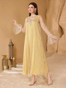 Al Najma Fashionable New Luxury Elegant Beaded Mesh Women's Arabic Style Dress - Yellow - View 4