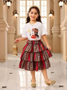 2pcs/Set Young Girls Short Sleeve Top And Skirt Set,Cartoon Girl Print White Tee,Geometric Pattern Multi-Layer Mini Skirt,Summer,Family Matching - White - View 3