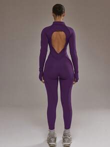 Musera Sport 撞色滚边拉链露背修身长袖连体裤，适合板式网球、秋季、冬季运动健身等场合。 - 紫色 - 查看 6