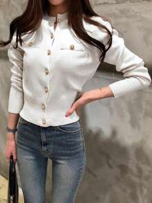 INAWLY 女士纯色长袖纽扣开衫，秋冬款 - 白色 - 查看 5