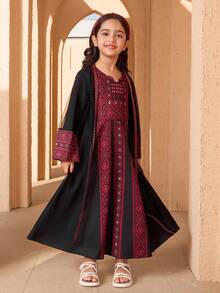 SHEIN 2pcs/Set Girls Print Dress & Mesh Long Cardigan, Patchwork Print - Black - View 8