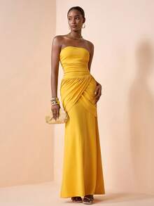 Zivah 2026 Spring/Summer New Elegant Commuter Business Casual Strapless Sleeveless Ruched Front Waist Sash A-Line Dress, Ginger Yellow, Spring/Summer Dress, Wedding Guest Dress, Evening Gown - Yellow - View 5