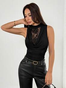 SHEIN Tall Women's Scoop Neck Lace Fitted Camisole, Spring/Summer - Black - View 10