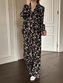 Napfluff Floral Print Lapel Long Sleeve Pajama Set - Matte Black - View 4