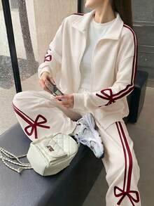 SHEIN 少女纯色针织开衫和阔腿裤休闲套装 - 杏色 - 查看 5