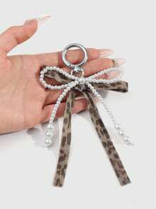 ROMWE Kawaii 1 chiếc móc khóa/móc túi đính hạt ngọc trai giả màu trắng thủ công chất lượng cao, họa tiết da báo nâu, nơ ruy băng nhung, phong cách Hàn Quốc sang trọng và thời trang, thích hợp cho phụ nữ, đeo hàng ngày hoặc làm quà tặng - màu nâu - Xem 2