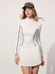 CourtClass Women's Zip-Up Half Placket Long Sleeve Top And Pleated Mini Skirt Tennis Outfit