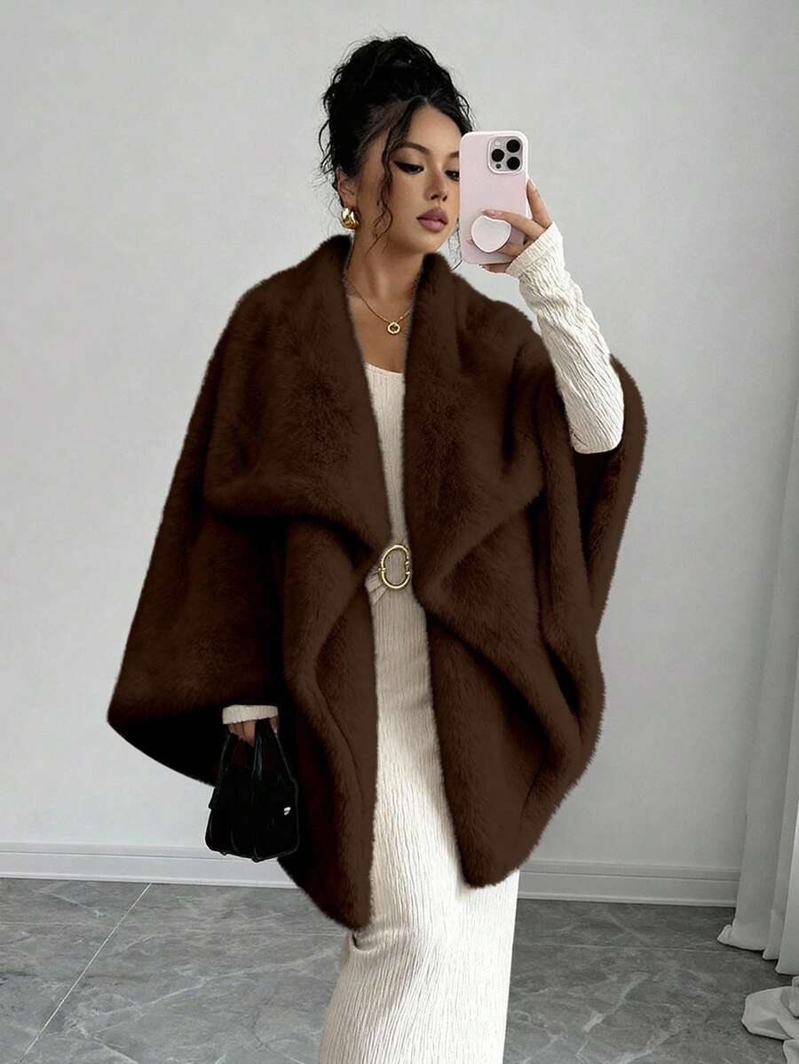 Elenzga Women's New Autumn/Winter Fuzzy Shawl Collar Long Sleeve Cardigan - Coffee Brown - View 1