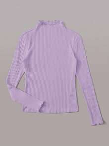 SHEIN EZwear Plus Size Women Frill Collar Ribbed Casual Versatile Long Sleeve T-Shirt, Suitable For Work And Vacation - Lilac Purple - View 3