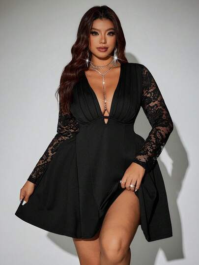 Viva Relle Plus Size Women's Solid Color Vintage Romantic Elegant V-Neck Lace Patchwork Long Sleeve Pleated Front Mini Dress, Minimalist Fashionable Casual Daily Wear, Party, Dance, Back To School, Hotel, Bar, Valentine's Day, Sundress, Thanksgiving Outfit, Suitable For Spring, Summer, Autumn