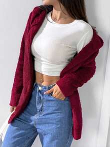 SHEIN EZwear 女士酒红色双面抓绒宽松连帽外套，秋冬季休闲家居服 - 酒紅色 - 查看 4