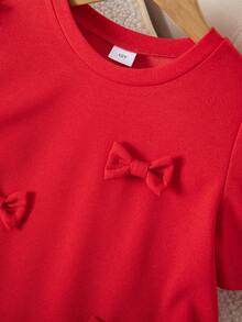 Girls' Butterfly Decor Short Sleeve Pleated Red Knit Dress, Loose Fit, Suitable For Spring/Summer, Holidays, Summer, Travel, Fits Girls Ages 8-12 - Red - View 6