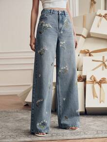 Anewsta Casual Washed Floral Embroidered Straight-Leg Jeans - Blue - View 4