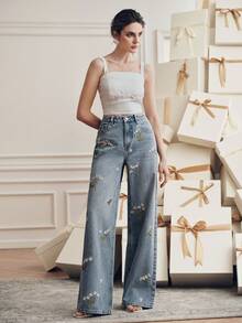 Anewsta Casual Washed Floral Embroidered Straight-Leg Jeans - Blue - View 7