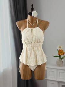 Bellisia Women's Summer Beach Tankini 2-Piece Set, White Mesh Lace Jacquard Fabric Halter Neck Tie Top And Adjustable Side Tie Bikini Bottom Swimsuit - Beige - View 6