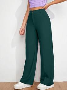 SHEIN Cottnline Casual Versatile Solid Color Straight Leg Pants - Green - View 3