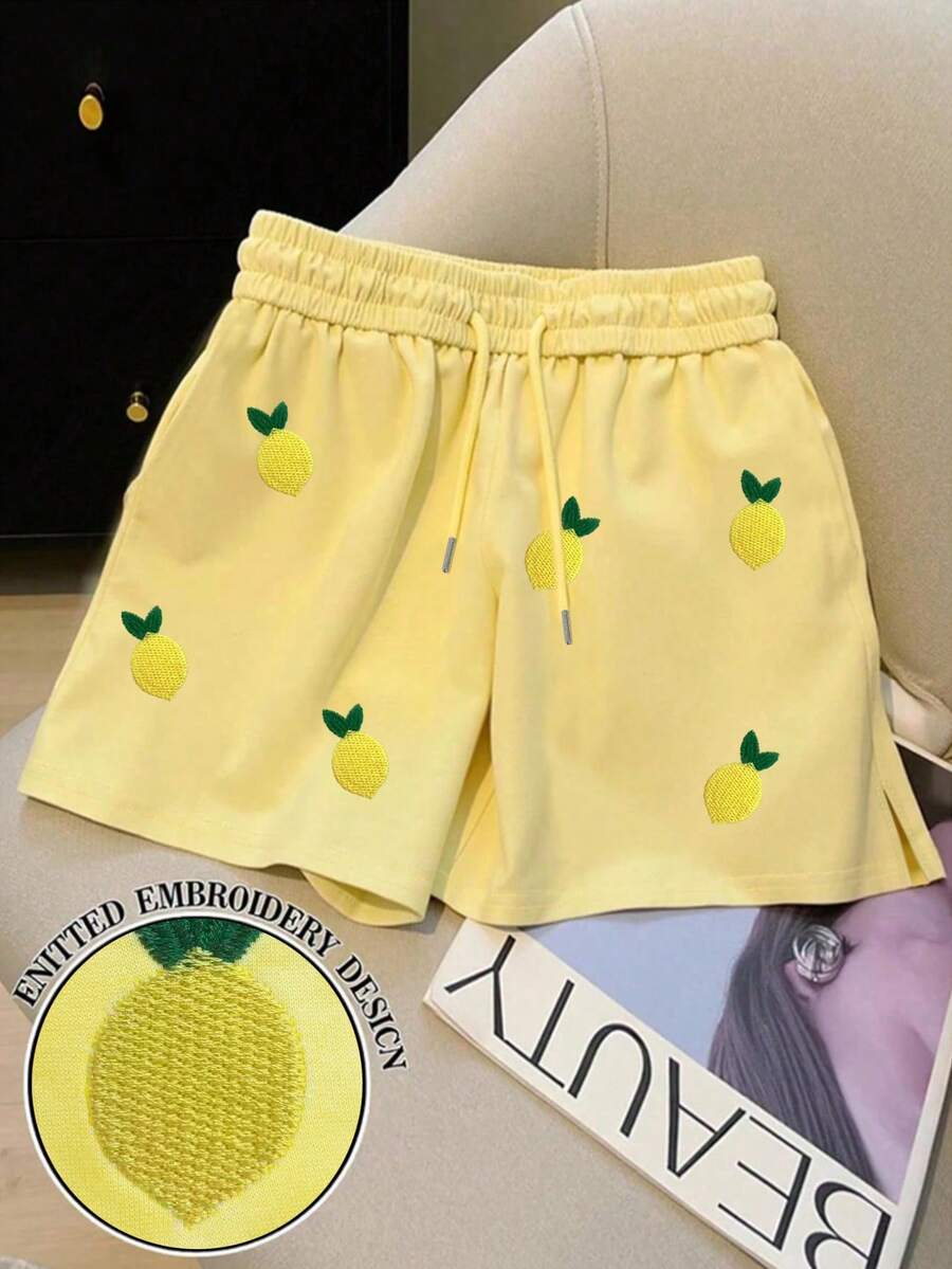 Resyla Women's Casual Lemon Embroidery Shorts, Summer - Yellow - View 1