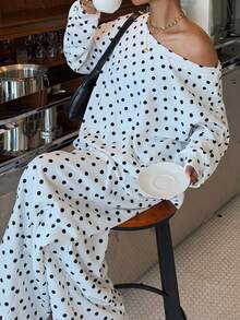 Muchica 大码女式波点印花斜肩长袖上衣和裤子休闲两件套，秋冬春季 - 彩色 - 查看 5