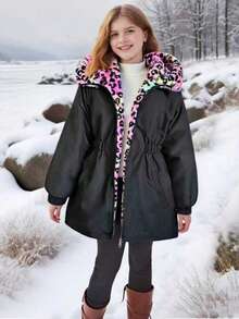 SHEIN 1pc Girls Leopard Print Reversible Fluffy Long Sleeve Windbreaker Jacket, Suitable For Autumn/Winter - Multicolor - View 6