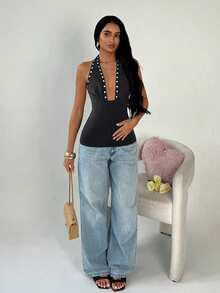 SHEIN TRNDY Women's Retro Sexy Low-Cut Studded Fitted Camisole - Black - View 5