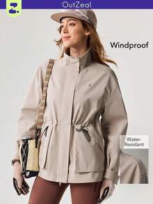 Women Outdoor Jacket Solid Color Hiking Camping Drawstring Waist Hooded Outdoor Top Spring - Khaki - View 10