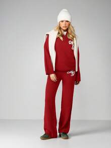 MISSGUIDED 女士直筒针织抽绳长裤，饰有品牌标志，舒适冬季居家服，弹性腰带，舒适休闲裤 - 酒紅色 - 查看 3
