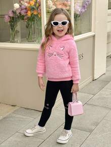 SHEIN Elladie kids Young Girl Cartoon Embroidery Teddy Hoodie & Leggings - Multicolor - View 4