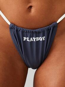 Missguided x Playboy Navy Halter Bikini Set With White Contrast Straps And Text Print Summer Beach Swimwear Two Piece - Grey - View 5