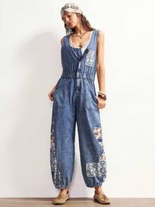 Bohemela 波西米亚风休闲度假风拼接U领破洞牛仔连体裤，女士春夏款 - 藍色 - 查看 4