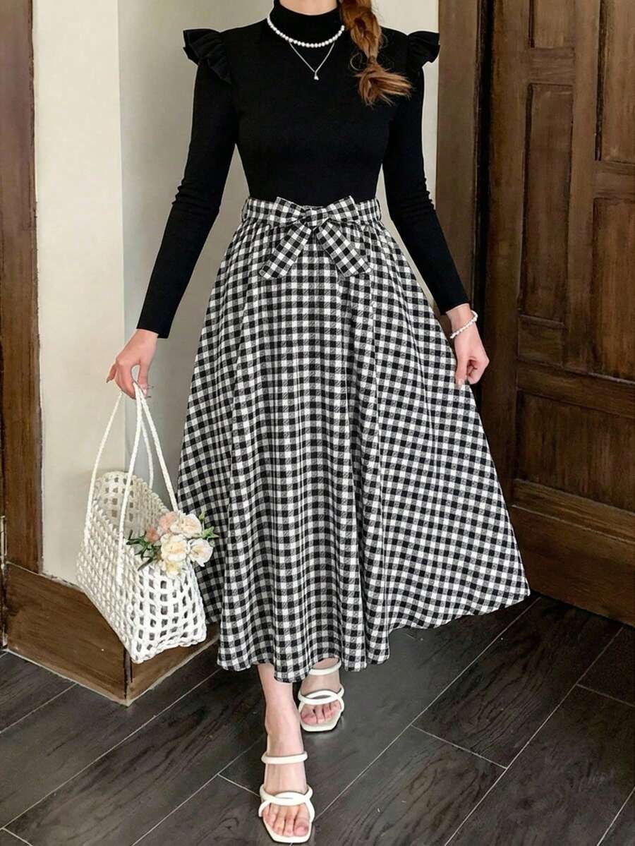 少女优雅通勤休闲泡泡袖条纹格纹中长连衣裙，系带细节，吊带裙，女童连衣裙，黑色女童连衣裙，荷叶边下摆女童连衣裙，返校季，春节，派对 - 黑與白 - 查看 1