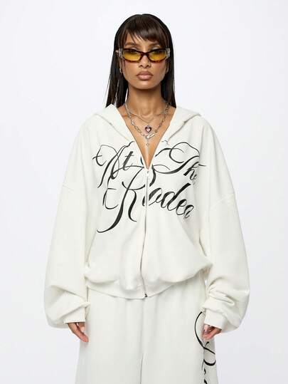 SUMWON 加大码宽松全拉链连帽衫，饰有手写体文字印花，长袖休闲舒适秋冬外套