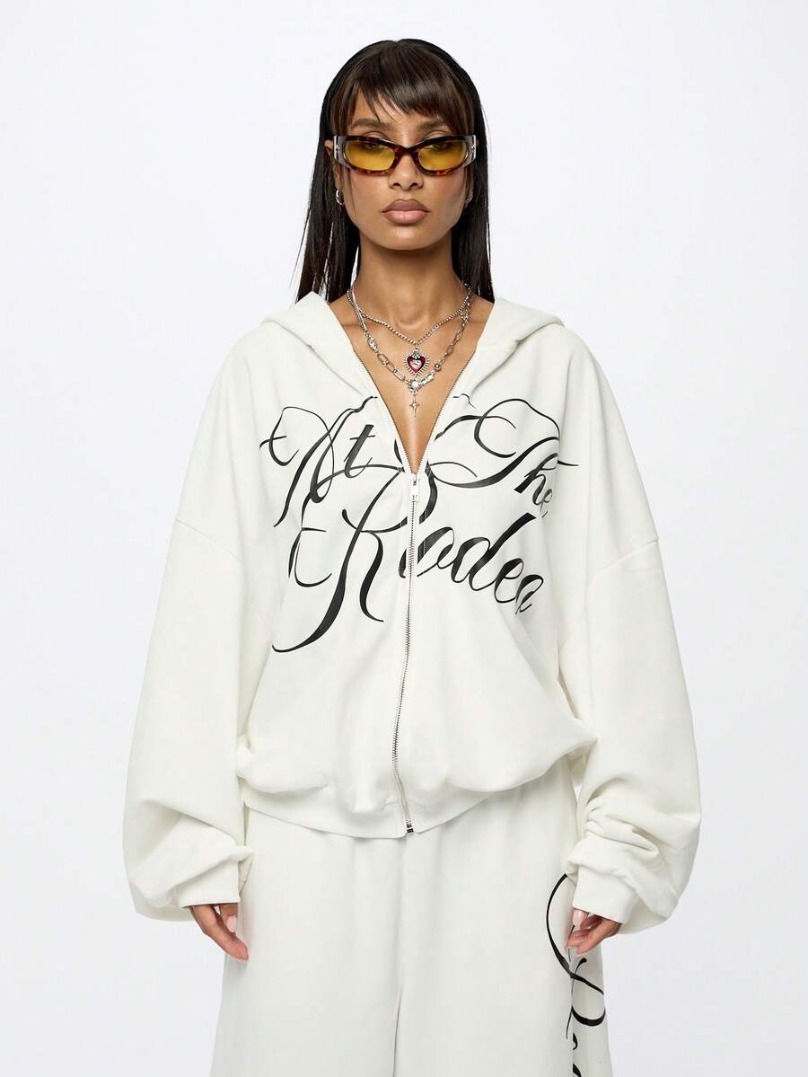 SUMWON Áo khoác ngoài dáng rộng, cỡ lớn, có khóa kéo toàn thân, in chữ viết tay, tay dài, thoải mái, thích hợp cho mùa thu đông. - trắng - Xem 1