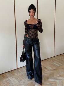 Siren Gaze Women's Leopard Print Crew Neck Long Sleeve Bodysuit - Black - View 5